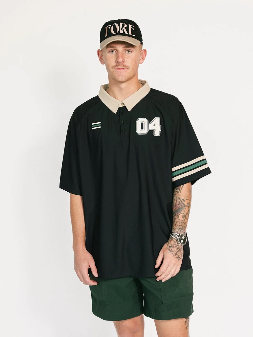 Fore All Men's Black Polo with Tan Collar and '04' Patch